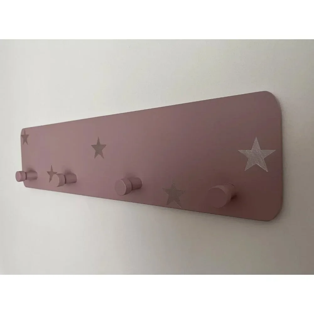 Handmade French Wood Wall Clothes Rack Hooks Pink Silver Stars Kids Nursery Cute